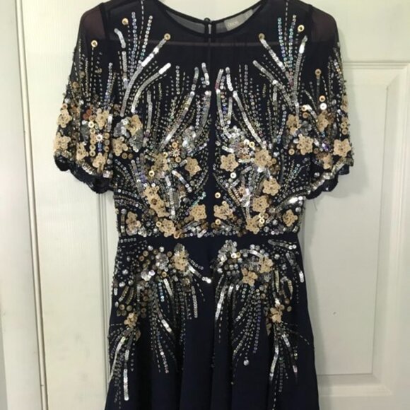 ASOS Gold and Navy Sparkle Mesh Skater Dress - Picture 4 of 8